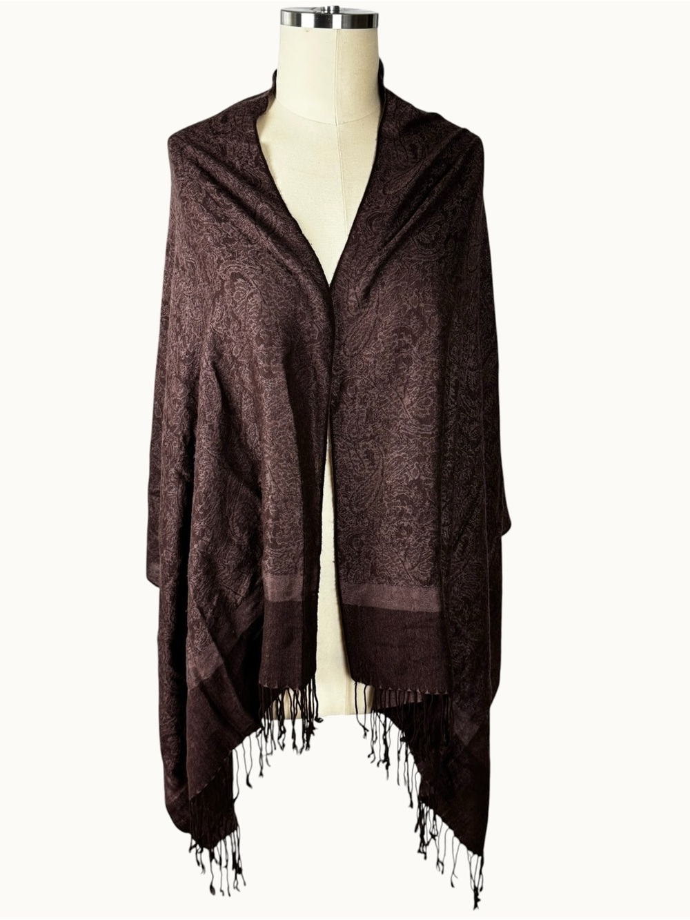 Pashmina 70% Pashmina 30% Silk Deep Mauve Paisley Wrap Shawl Fringe